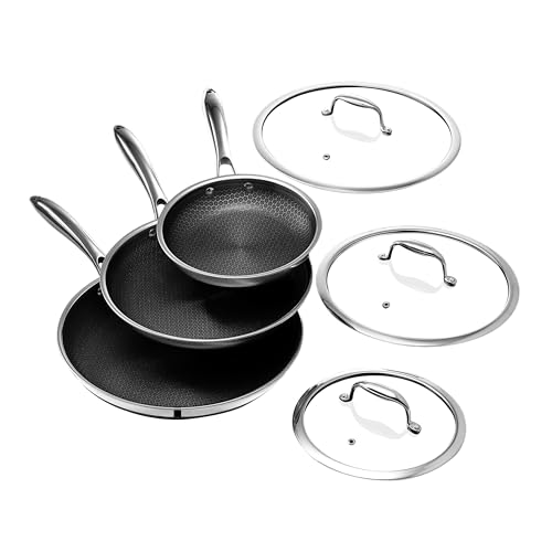 HexClad Hybrid Nonstick 6-Piece Frying Pan Set, 8, 10 and 12-Inch Frying Pans with Tempered Glass Lids, Stay-Cool Handles, Dishwasher and Oven Safe, Induction Ready, Compatible with All Cooktops