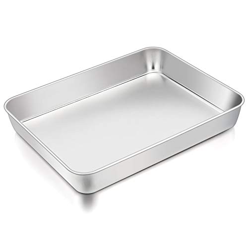 TeamFar Lasagna Pan, 12.3’’ x 9.75’’ x 2’’, Stainless Steel Rectangular Cake Brownie Casserole Pan For Roasting Baking, Healthy & Heavy Duty, Brushed Surface & Deep Side, Dishwasher Safe