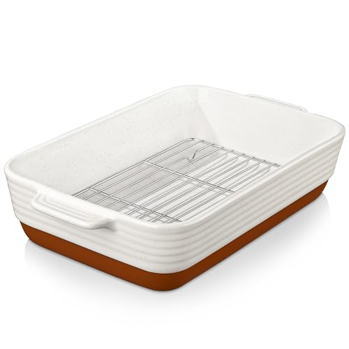 MALACASA Baking Dish with Rack, 4.8 Qt Ceramic Roasting Pan with Stainless Steel Drip Rack, 9x13 Inch Deep Casserole Dish with Handles, Oven Safe Lasagna Pan for Baking & Serving (Khaki & White) - Series Tara