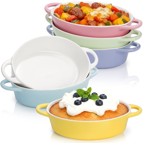 Foraineam 6 Pack Oval Au Gratin Baking Dishes with Handles, 20 oz Porcelain Casserole Dish Single Serving Ramekins for Oven & Microwave Cooking and Baking, 7.2