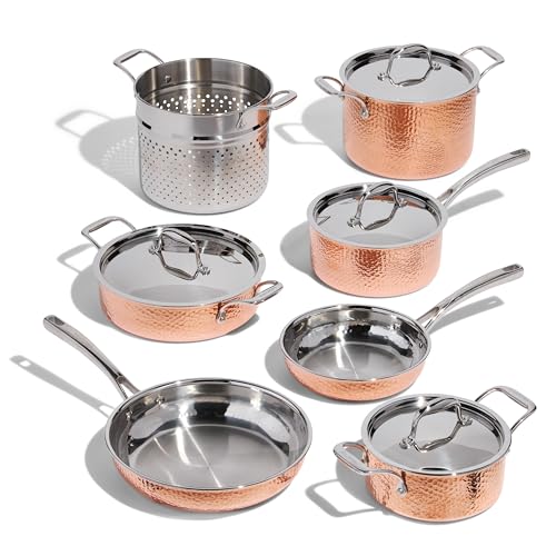 Lagostina Premium Martellata Tri-Ply Hammered Copper 11 Pc Kitchen Pots And Pans Cookware Set, Copper, (Q986Sb64)