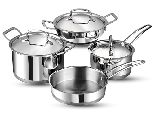 Vinod Classic Deluxe Stainless Steel Cookware Combo Set of 4 Pcs/Saucepan, Saucepot, Kadai and Frypan/Deep Kadhai for Cooking/Heavy Induction Bottom