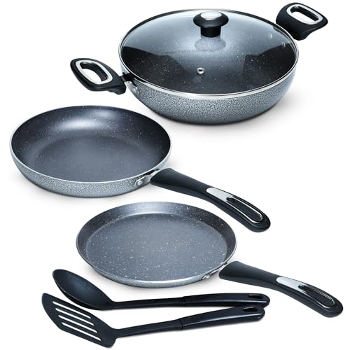 Impex Aluminium Migo Nonstick Granite 6 Pcs Induction Bottom Cookware Set 3 Mm Thick,Festival Gift Set Mfkt 6,5-Layer Super Granite Coated Cookware Set,Hammer Tone Exterior Finish,1 Yr Warranty, Grey