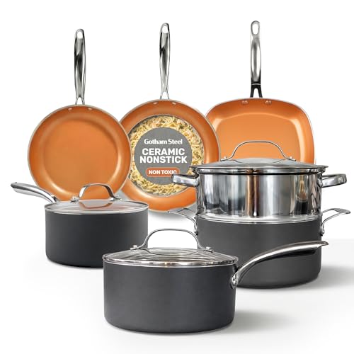 Gotham Steel 12 Pc Ceramic Cookware Set Nonstick, Ceramic Pots and Pans Set Non Stick with Steamer for Cooking, Non Toxic PFOA PFOS Free, Ergonomic Stay Cool Handles, Oven & Dishwasher Safe, Copper