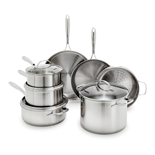 GreenPan Stainless Steel Cookware Set, 11 Piece, Induction Cookware, Dishwasher Safe, Oven Safe to 600F, Large 8QT Stock Pot, Sauce, Saute, Frying Pans, Pots & Pans Kitchen Essentials, Silver