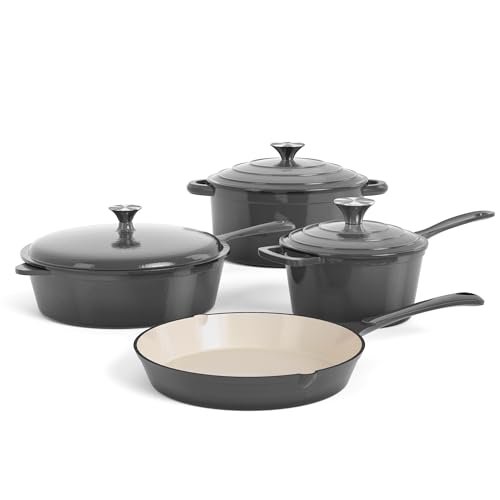 DishDelight Enameled Cast Iron Pots and Pans Set, 7 Piece Dutch Oven Set with Lids, Enamel Coated Non Toxic Cookware, PFOA&PFAS Free, Gray