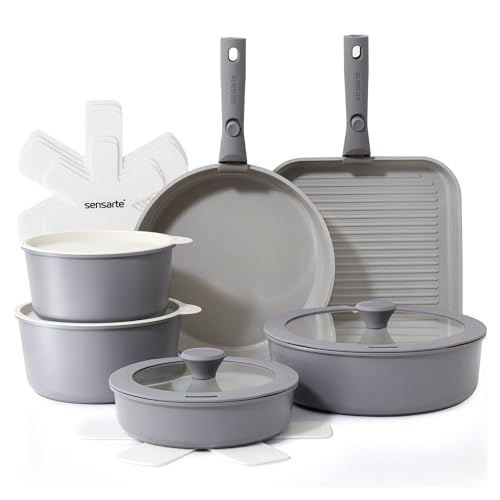 SENSARTE Set di Pentole 17 Pezzi con Manici Rimovibili, Antiaderente in Ceramica, Compatibile con Induzione e Gas, Include Padelle, Casseruole e Grill, Impilabile e Lavabile in Lavastoviglie