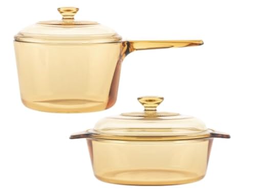 Visions Blooming Amber Glass Cookware Set, 1.5L Saucepan + 2L Casserole with Lids, Transparent Heat-Resistant Glass Pots for Stovetop/Oven/Microwave, Dishwasher & Freezer Safe
