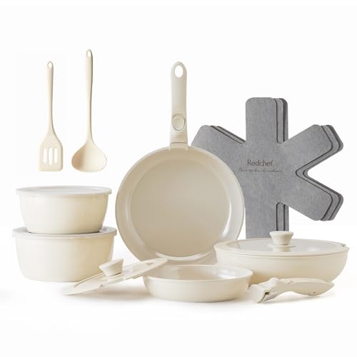 Redchef Set di Pentole in Ceramica 16 Pezzi, Padelle Antiaderente con Manico Rimovibile, Pentola 18/20 cm & Padella 20/26 cm, Impilabile, per Tutti i Piani Cottura e Forno, Bianco