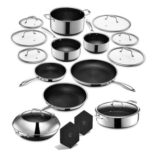HexClad Hybrid Nonstick 18-Piece Cookware Set, 2, 3, and 8Qt Pots with Lids, 2 Silicone Trivets, 8", 10", and 12" Pans with Lids, 7Qt Chicken Fryer with Lid, and 14" Wok with Lid, Stay-Cool Handles