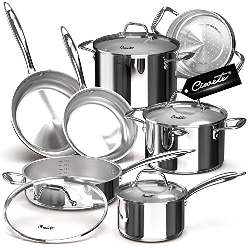 Ciwete Tri-Ply Stainless Steel Pots and Pans Set 11 PC, 18/10 Stainless Steel Cookware Set with Steamer Insert, Kitchen Induction Cookware Sets with Stay Cool Ergonomic Handles, Dishwasher, Oven Safe