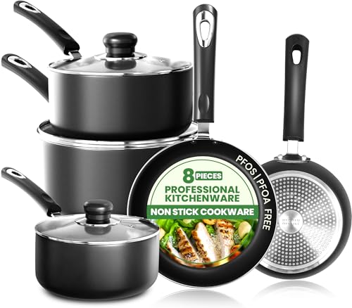 KICHLY Pots and Pans Set Non Stick 5pcs Cookware Set, Induction Frying Pans 20cm, 28cm, Saucepan with Lids 20cm, 18cm, Non Induction Saucepan 16cm, Dishwasher and Oven Safe Pots Set, Black