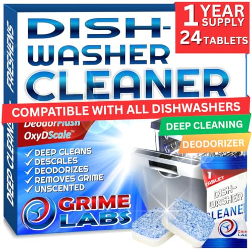 GRIME LABS Dishwasher Cleaner Deodorizer Descaler Tablets, 24 pack Heavy ...