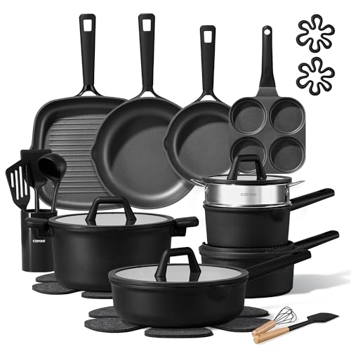 CAROTE 28PCS Pots and Pans Set, Nonstick Cookware Set Kitchen Non Stick Induction Titanium Cookware Non-toxic Granite Cooking set, PFOA Free, Black