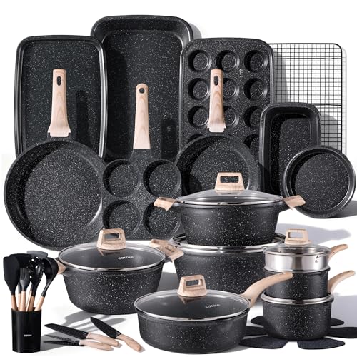 CAROTE 44pcs Pots and Pan Set Nonstick, Cookware Sets, Cooking Set Non Stick, Induction Cook Ware with Bakeware Set, Kitchen Knife Set