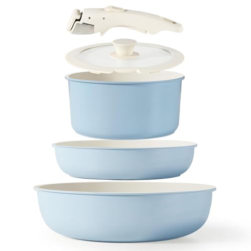 House of Quirk Maifan Stone Nonstick Cookware Set 5-Piece | Detachable Handle Pots & Pans | Stackable, Induction & Oven Safe Kitchen Set (Granite Blue)