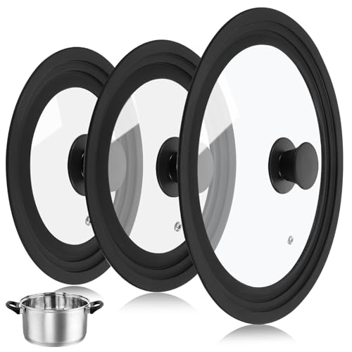 Ptwola 3PCS Universal Pot Lids for Pans and Skillets, Tempered Glass Replacement Cast Iron Frying Pan Cover with Heat Resistant Silicone Rim, Fits All 6