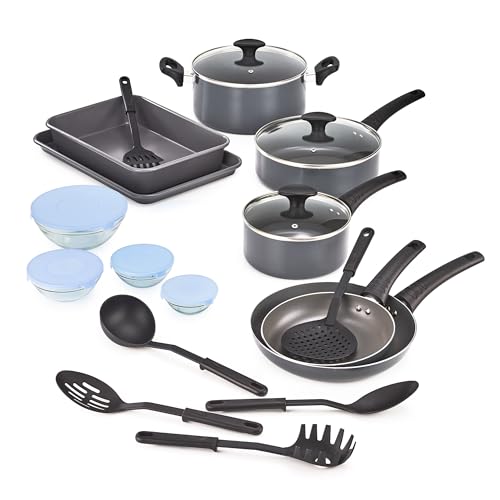 bella Set di pentole antiaderenti bella con coperchi in vetro - Pentole e padelle in alluminio, ciotole e utensili da cucina, compatibili con tutti i tipi di fornelli, 21 pezzi, colore nero