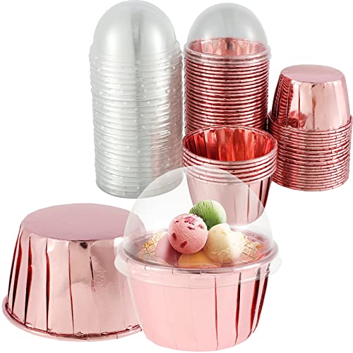 50pcs Foil Cupcake Liners with Lids Heat Resistant 5.5oz Aluminum ...