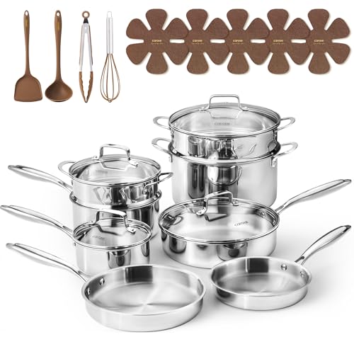 CAROTE 21pcs Tri-Ply Stainless Steel Cookware Set, Pots and Pans Set, Non Toxic Induction Kitchen Cooking Sets, Cookware Collection, Mirror Polish, Silver