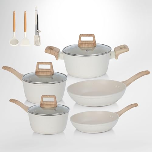 SHEUMNT 11Pcs Pots and Pans Set, White Granite