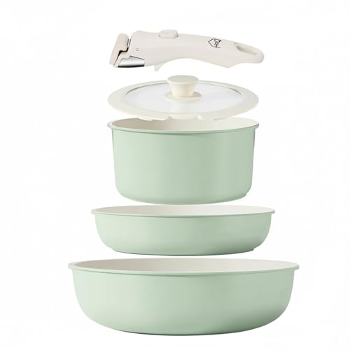House of Quirk Maifan Stone Nonstick Cookware Set 5-Piece | Detachable Handle Pots & Pans | Stackable, Induction & Oven Safe Kitchen Set (Granite Green)