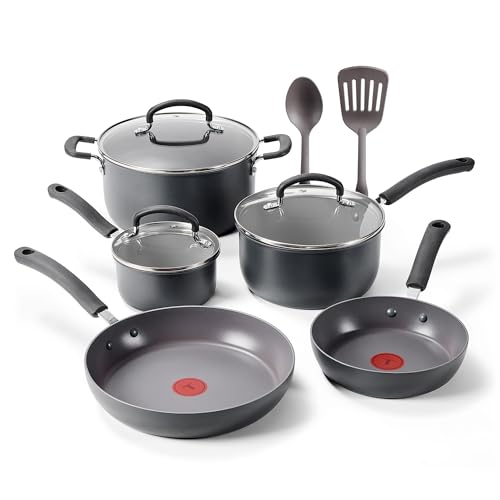 T-Fal Ultimate Hard Anodized Nonstick 10 Piece Cookware Set, Oven Safe Up to 400°F, Dishwasher Safe, Pots and Pans Set, Includes Frying Pans, Saucepan, Stockpot, Cooking Utensils, Stone
