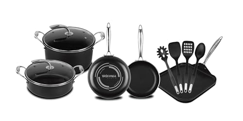 Vasconia 11-Piece Aluminum Cookware Set - Nonstick Pots and Pans with Lids - Dishwasher, Oven Safe up to 475°F - Skillets, Griddle, Casserole, Dutch Oven - Black
