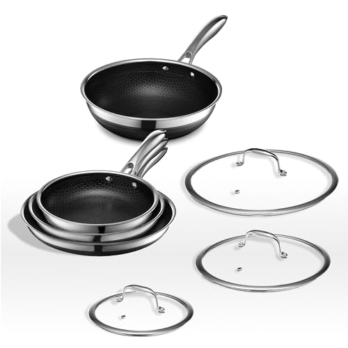 HexClad Hybrid Nonstick 7-Piece Cookware Set, 8", 10", and 12" Pans with Lids, and 10" Wok, Stay-Cool Handles, Dishwasher and Oven-Safe, Induction Ready, Compatible with All Cooktops