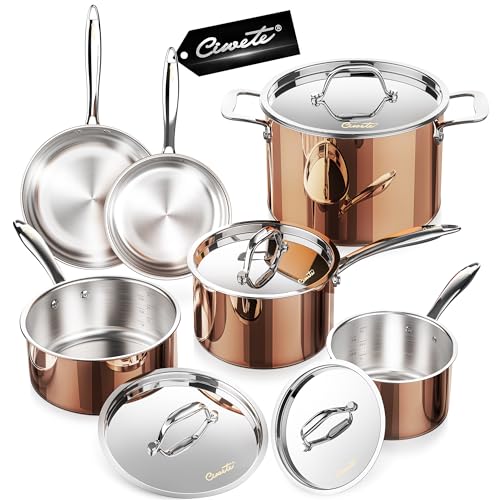 Ciwete Whole Tri-ply 18/10 Stainless Steel Cookware Set, 10 Pcs Elegant Copper Pots and Pans Set, Induction Cookware, Frying Pans, Saucepans & Stock Pot with Lid, Ideal Gift for Wedding, Housewarming