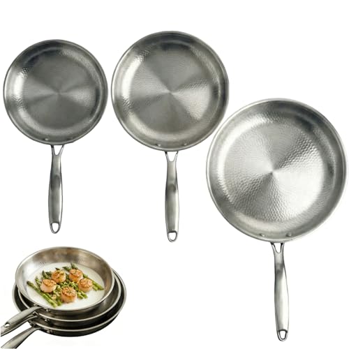 Okura Titanium Cookware Set, 10.2/11/11.8 Inch Non-Stick Frying Pans with Lids, Pure Titanium Hand-Hammered No Coating, Scratch-Resistant, Even Heat for All Stovetops (Without lid)