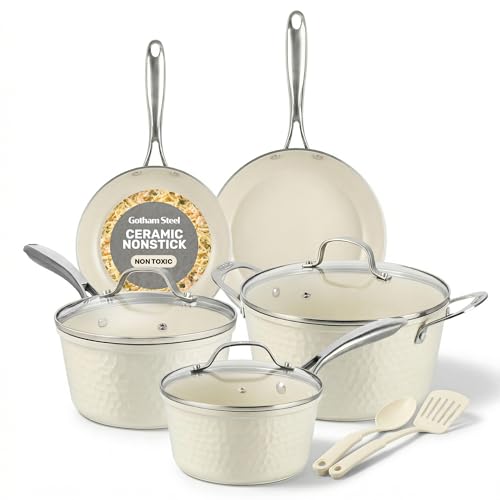 GOTHAM STEEL Hammered 10 Pc Ceramic Pots and Pan Set Non Stick, Ceramic Cookware Set Non Toxic Made Without PFOA PFOS, Lightweight, Induction Ready, Oven and Dishwasher Safe