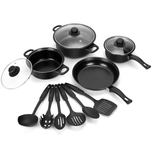 Non-Stick Cookware Set, 13 Piece Set Portable Lightweight Cast Iron Pots and Pans with Glass Lids and Nylon Utensils for Outdoor Camping Picnic Travel Cookware Black