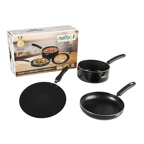 Nolta FMS 3-Piece Cookware Set, ISI Certified, 1yr Replace Guarantee (Fry Pan 24cm + Multi Tawa 26cm + Sauce Pan 20cm) Premium Non Stick Coating PFOA Free Kitchen Collection