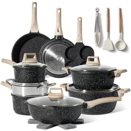 JUST PERFECTO Batteria Pentole e Padelle a Induzione, Set Padelle Antiaderenti Per tutti i piani cottura Batteria di pentole antiaderente 28cm con Coperchi, pentole senza pfoa e ptfe (21 Pcs Black)