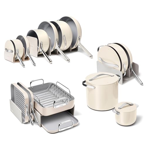 Caraway 31-Piece Ceramic Cookware Bundle - Fry Pans, Saucepans, Sauté Pan, Dutch Oven, Petite Cooker, Stir Fry, Rondeau, Stock Pot, Grill & Griddle Pans, Roasting Pan, Racks, Organizers - Cream