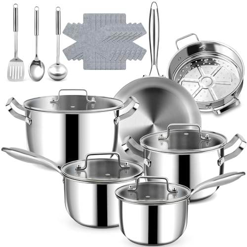 Fruikit Stainless Steel Cookware Set - 20 PCS Pots and Pans Set with 3-Ply Stainless Steel Frying Pan, Professional Kitchen Cooking Set, Induction Compatible, Oven & Dishwasher Safe