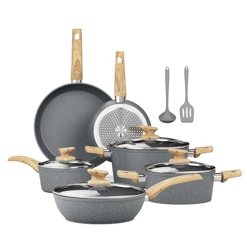 Kitchen Academy Induction Cookware Sets - 12 Piece Gray Cooking Pan Set, Granite Nonstick Pots and Pans Set