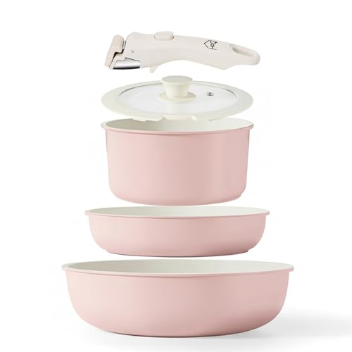 House of Quirk Maifan Stone Nonstick Cookware Set 5-Piece | Detachable Handle Pots & Pans | Stackable, Induction & Oven Safe Kitchen Set (Granite Pink)