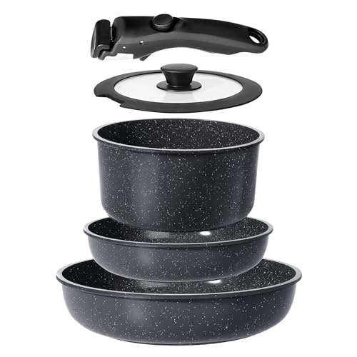 GiPP Set di Pentole e Padelle Ceramiche Antiaderenti 5 Pezzi con Manico Amovibile - Cucina Sana per Camper, Senza Tossine, Compatibile Induzione Forno Lavastoviglie