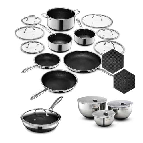 HexClad Hybrid Nonstick 19-Piece Cookware Set, 2, 3, and 8Qt Pots with Lids, 2 Silicone Trivets, 8", 10", and 12" Pans with Lids, 3-Piece Mixing Bowl Set, and 14" Wok with Lid, Stay-Cool Handles