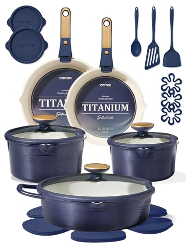 CAROTE 22Pcs Titanium Cookware Set, Pots and Pans Set Non Stick, Kitchen Cooking Set with Detachable Handle, Non Toxic Induction Cookware, Dishwasher/Oven Safe，Blue