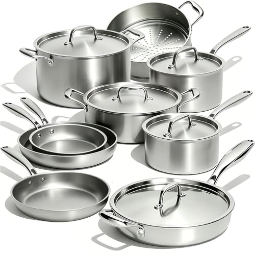 Umite Chef Stainless Steel Cookware Set, 5 Ply 14 Piece Stainless Steel Pot and Pan Set-Induction, Heavy Chef Quality, Oven Safe | Professional Kitchen Cooking Appliances, PFOA, PTFE & PFOS Free