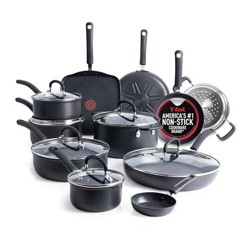 T-Fal Ultimate Hard Anodized Nonstick Pots and Pans Set 17 Piece, Nonstick Cookware Set with Fry Pan, Saucepans, Saute-Pan, Griddle, Dishwasher Safe, Onyx