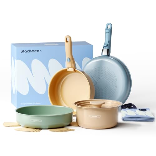 Stackbear Ceramic Cookware Set, Detachable Handle Pots and Pans Non Stick, 12-Piece Camping Cooking Set Nonstick with Storage Bag, Anti-Scratch Pads, PFOA Free, RV Camping Essentials