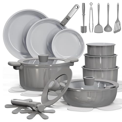 CAROTE 27pcs Ceramic Cookware Set Nonstick, Pots and Pans Set Non Stick, Non Toxic Cookware Detachable Handles, Dishwasher/Oven Safe, RV/Camping Cookware, Pan and Pot with Kitchen Utensils, Dark Gray