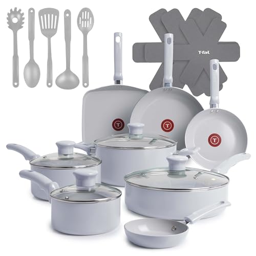 T-Fal Refresh Ceramic Nonstick Cookware Set, 20-Piece, Oven Safe to 350°F, Includes Stockpot, Griddle, Frying Pans, Utensils, Ceramic Pots and Pans Set, Blue