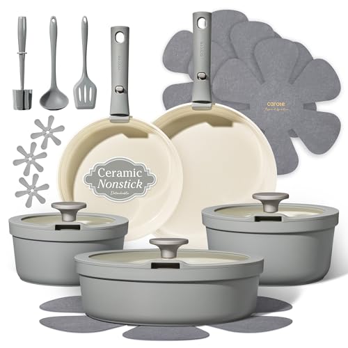 Carote 20pcs Ceramic Cookware Set with Detachable Handles, Pots and Pans Set Non Stick, RV Kitchen Cooking Pot and Pan, Dishwasher Safe, Non-toxic Induction Cookware PFAS and PFOA Free, Grey