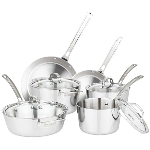 Viking Contemporary 3-Ply Pots and Pans Set, 10 Piece Stainless Steel Kitchen Cookware, Silver