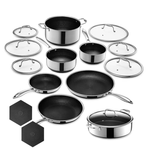 HexClad Hybrid Nonstick 16-Piece Cookware Set, 2, 3, and 8Qt Pots with Lids, 2 Silicone Trivets, 8", 10", and 12" Pans with Lids, and 7Qt Chicken Fryer with Lid, Stay-Cool Handles